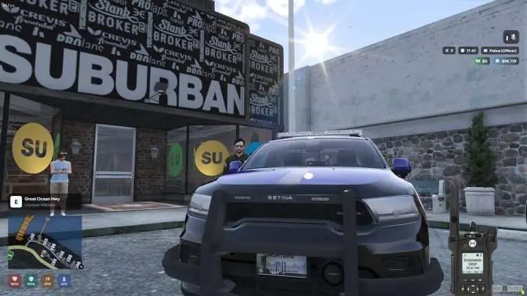 Patrol SUV parked outside a shop