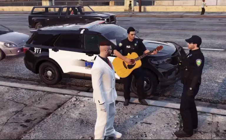 Street musician playing guitar for a crowd